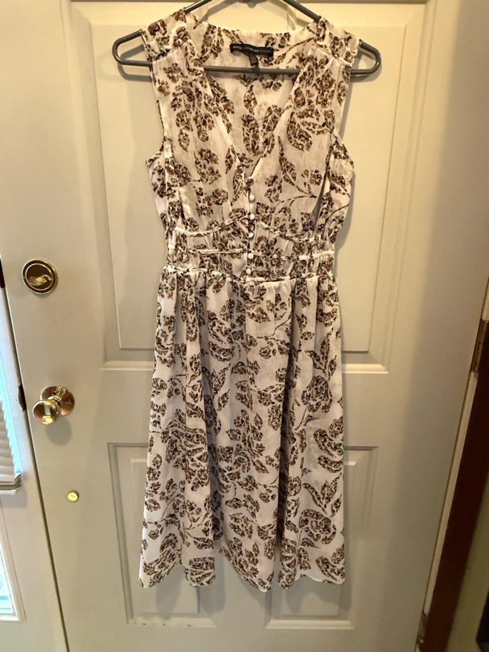 White House Black Market Cream Midi Dress with Brown Floral Pattern - size XXS
